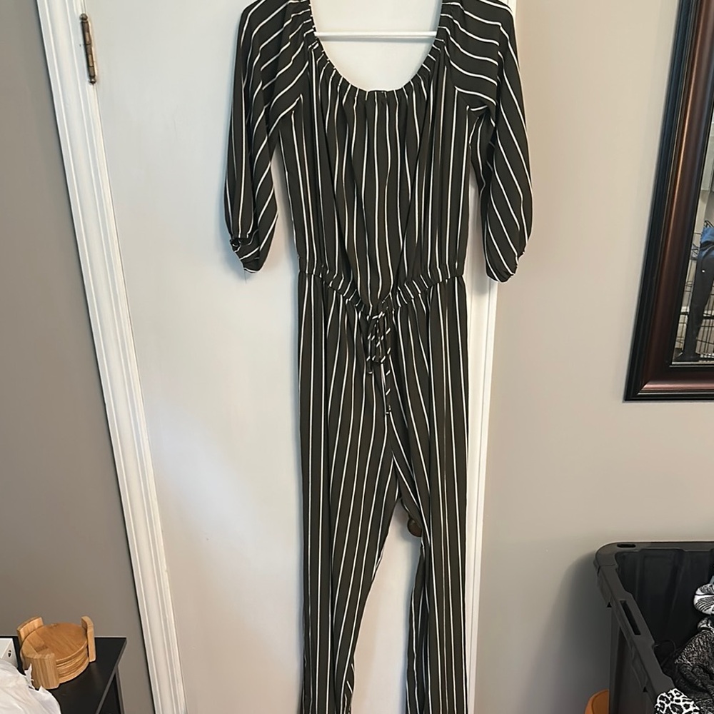 Haute Monde Green and White Striped Jumpsuit with Puff Sleeves